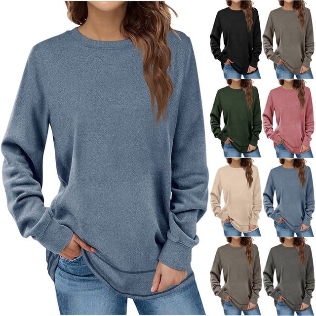 Fanxing Chandails en Molleton en Molleton Douillet Surdimensionnés pour Femmes Pulls à Manches Longues Basiques Col Rond Tops d'Automne Décontractés Mode Y2K Gris,P
