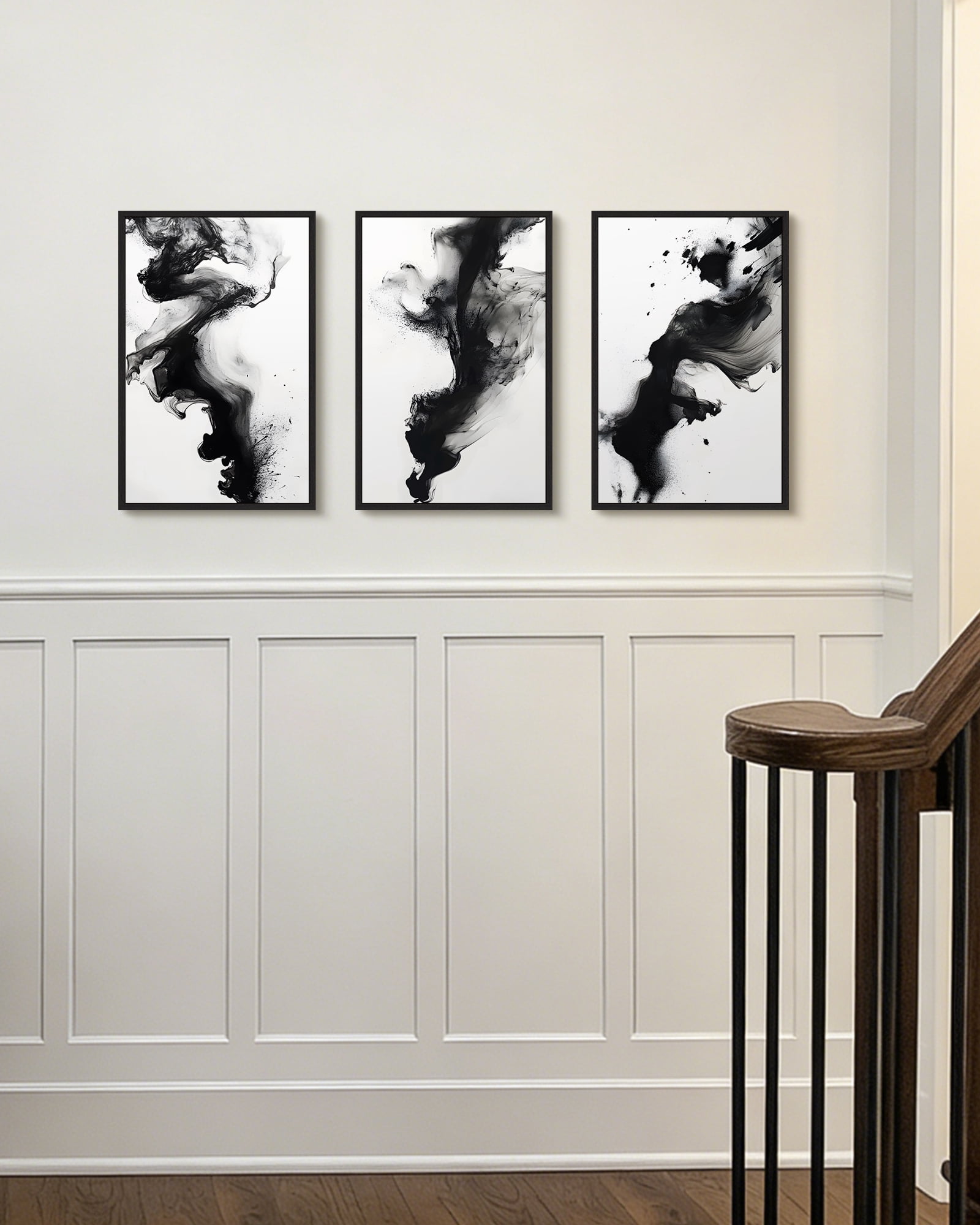 SHENIFY Black White Abstract Canvas Wall Art 16x24in3pcs Black Framed Ink Wash Pastel Wall Decor Modern Rendering Illustration Art Painting for Dining Room Bedroom