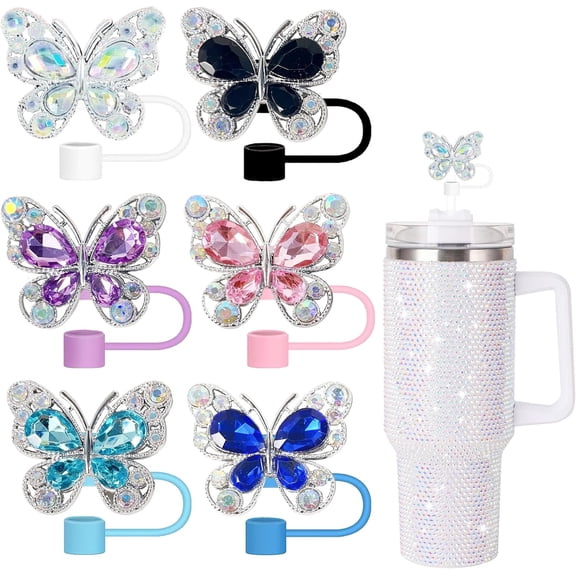 6Pcs Shiny Straw Toppers, Colorful Diamond Butterfly Straw Covers Cap Compatible with Stanley Cups 30&40 Oz Tumbler with Handle, 10mm/4inches Reusable Silicone Bling Stanley Cup Accessories