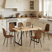 JUFU 7 Piece 55'' Wood Dining Table Set with 6 Brown Fabric Chairs, Modern Kitchen Table for Dining Room