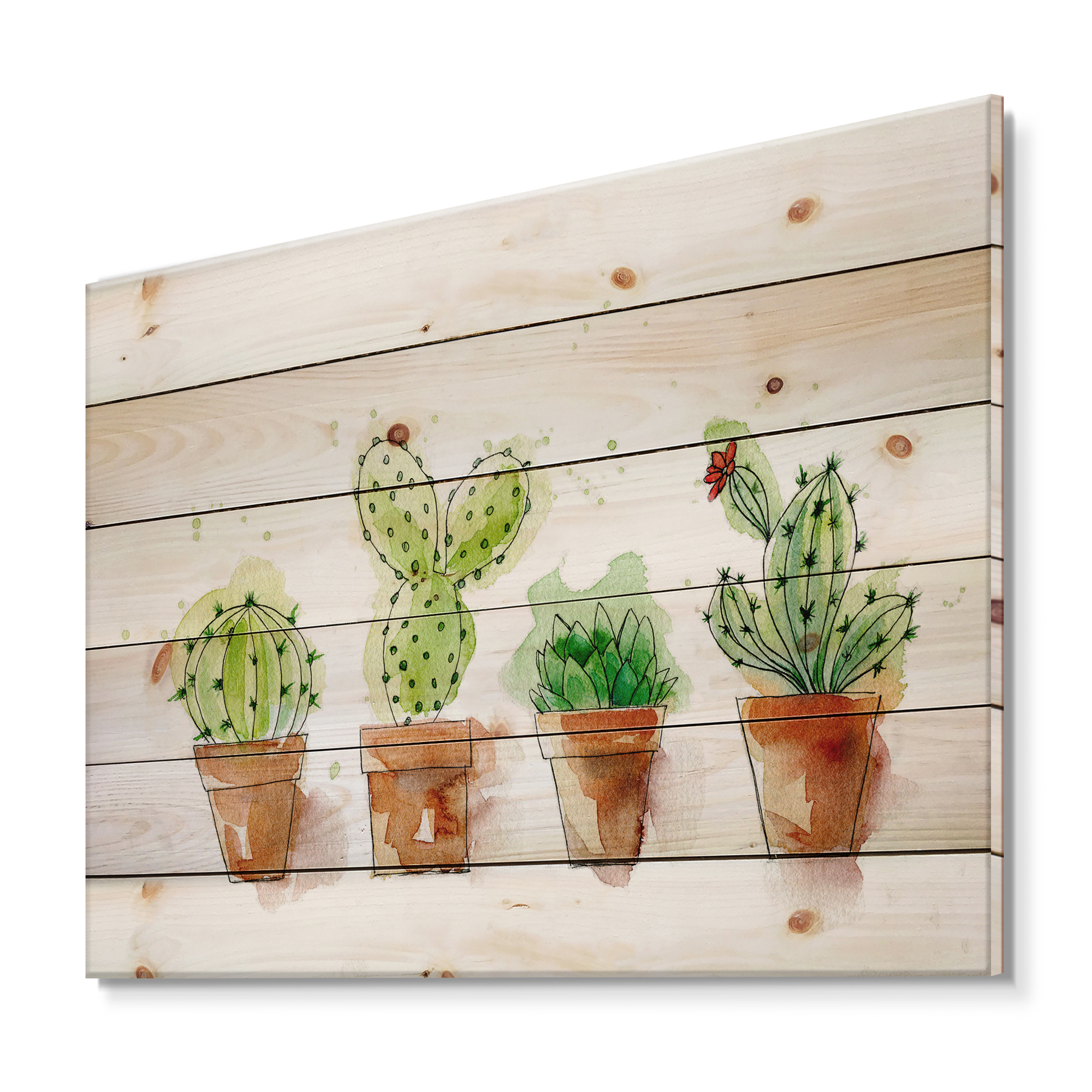 Designart 'Cacti In Gentle Tones In Ceramic Pots I' Botanical Print on Natural Pine Wood