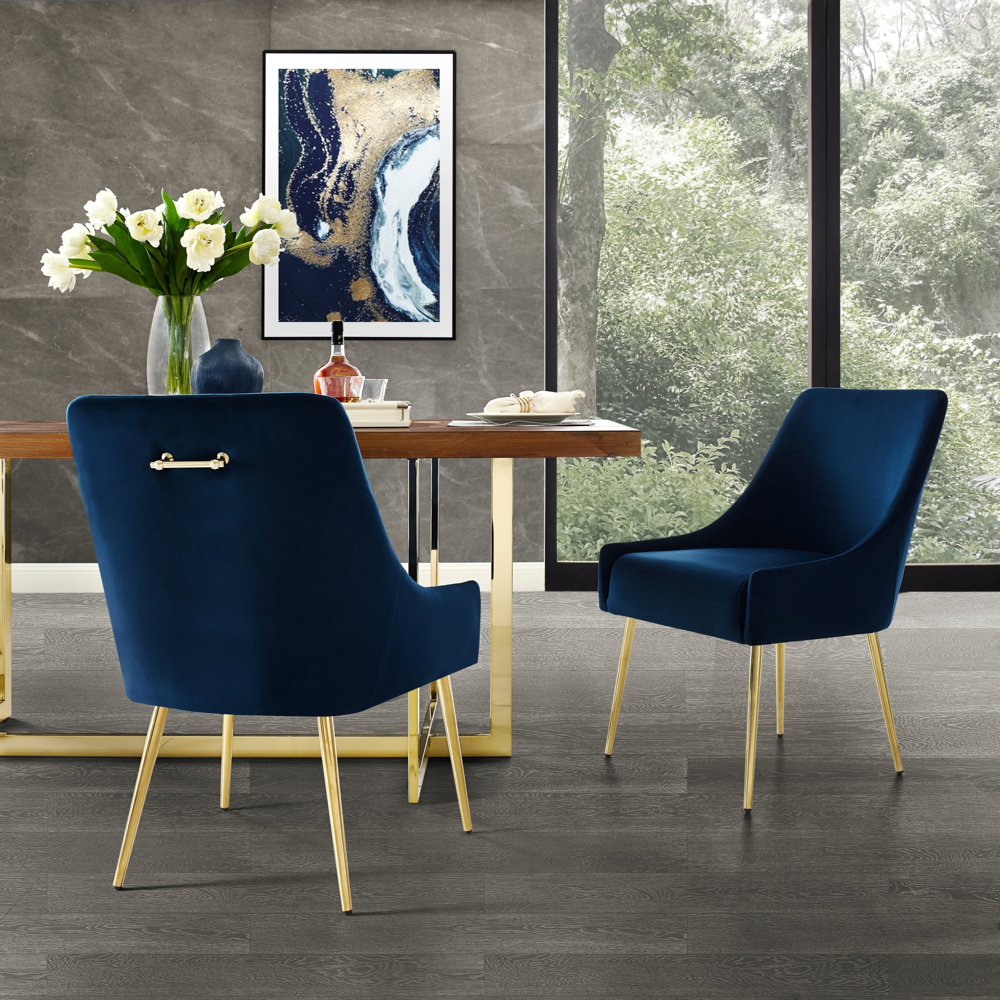 Inspired Home Donati Velvet Dining Chair Set of 2 Armless Knob Handle Stainless Steel Legs, Navy ...