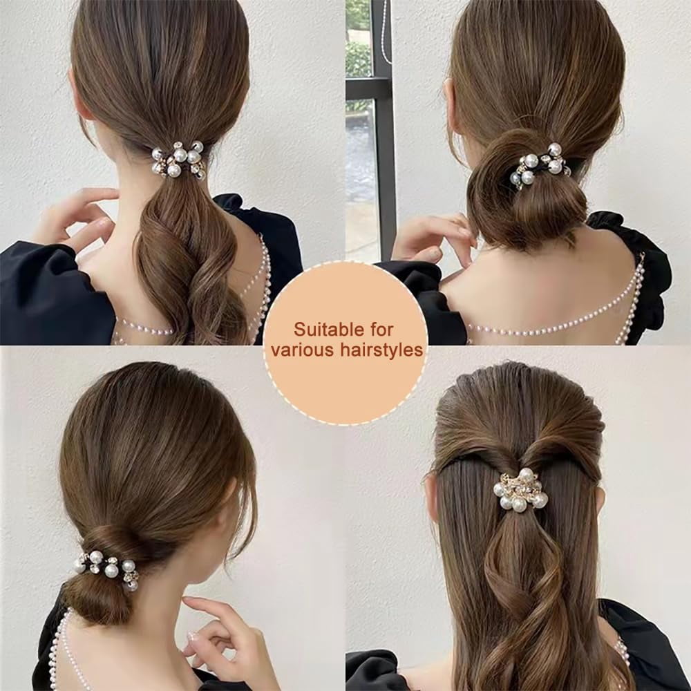 9Pcs Handmade  Pearl and Crystal Hair Accessories: Stretchy Scrunchies, Hair Bands, Ponytail Holders, and Hair Ropes for Women and Girls