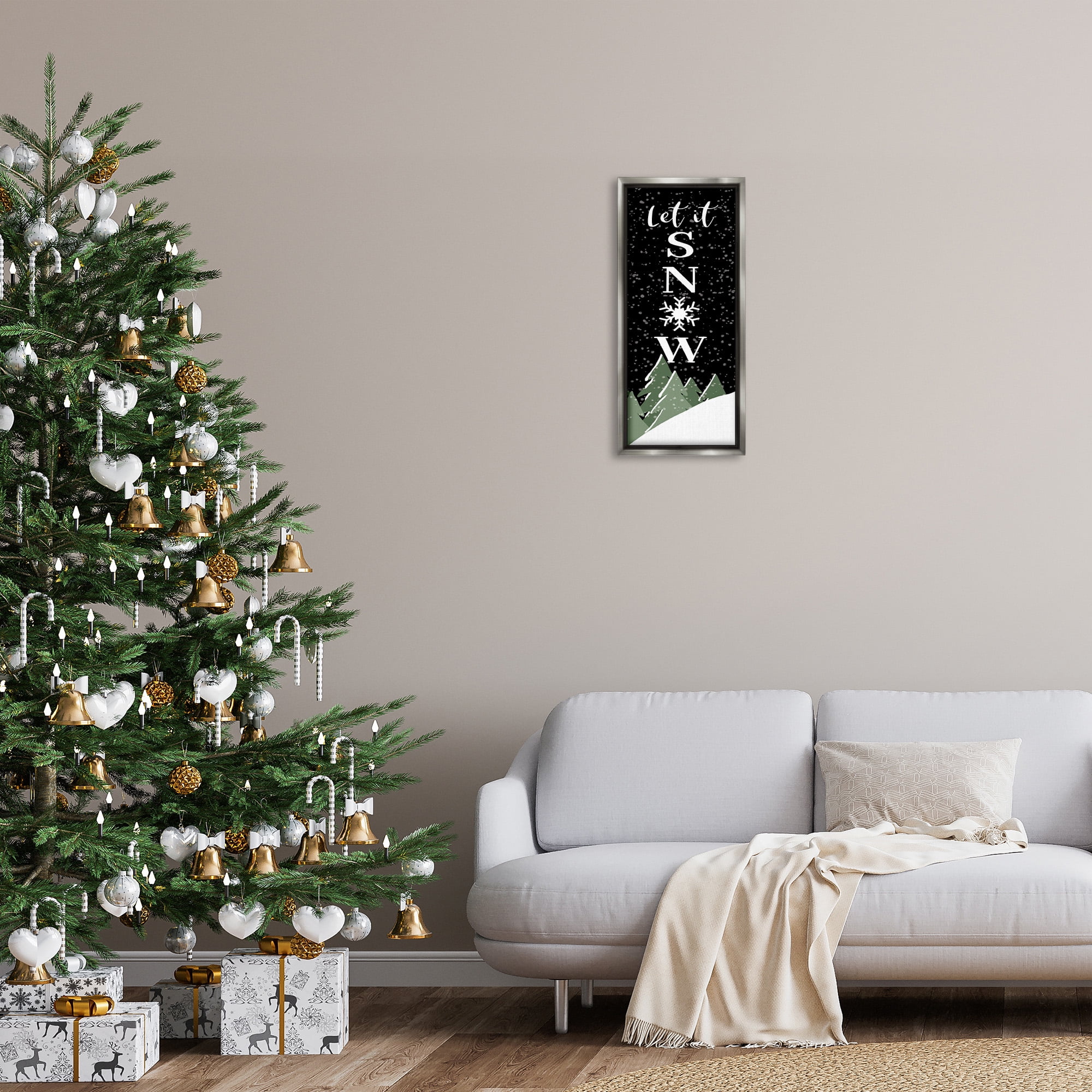 Stupell Industries Let It Snow Winter Scene Inspirational Painting Gray Floater Framed Canvas Art Print Wall Art, 11 x 25
