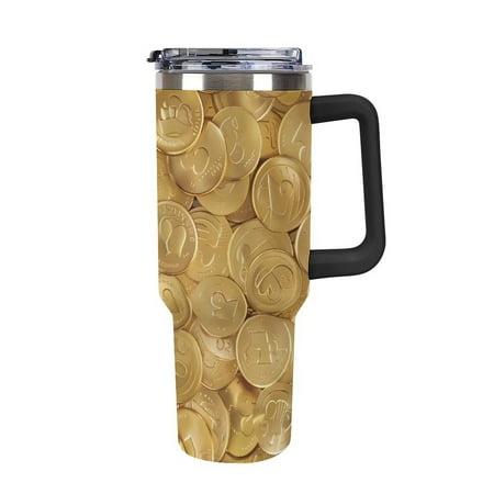 

Gold Coins Tumbler with Handle and Straw 40 oz Stainless Steel Leakproof Travel Coffee Mug Car Cup Vacuum Water Bottle 40oz