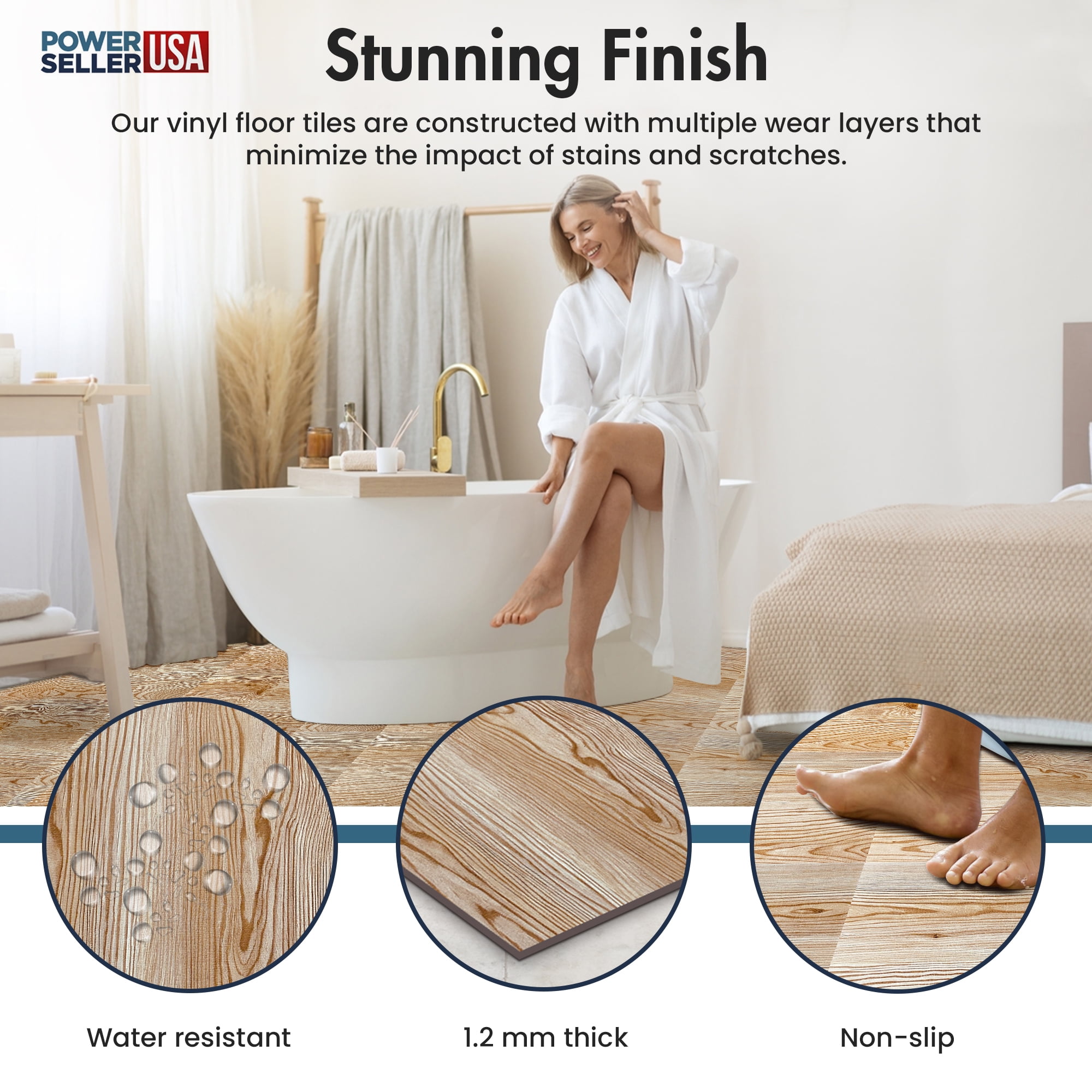 PowerSellerUSA Vinyl Self Adhesive Floor Tiles, 20 Pcs 12 x 12 inches Contemporary Wood Grain Peel and Stick Floor Tile Stickers, Square Flooring Tiles for Kitchen, Bedroom, and Bathroom, Gray Oak