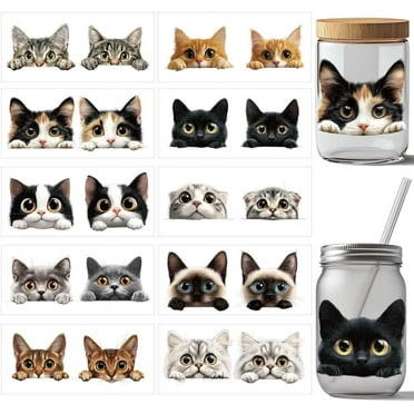 10 Pcs Cute Cat UV DTF Cup Wrap Transfer Sticker 10 Styles Assorted Cat Animal Transfer Paper Rub on Stickers PVC Cup Wrap Waterproof Rub Decals for Cup Glass 24x11cm/9.4x11inch