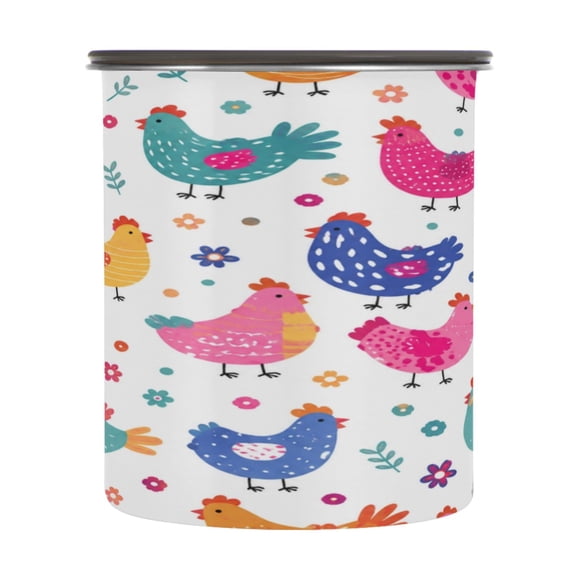 Stainless Steel Food Storage Canister Airtight Vacuum Seal Container with Silicone Gasket Colorful Chicken Pattern 900ml