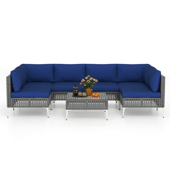 Gymax Set Of 7 Piece Outdoor Furniture Set w/Seat & Back Cushions Tempered Glass Coffee Table