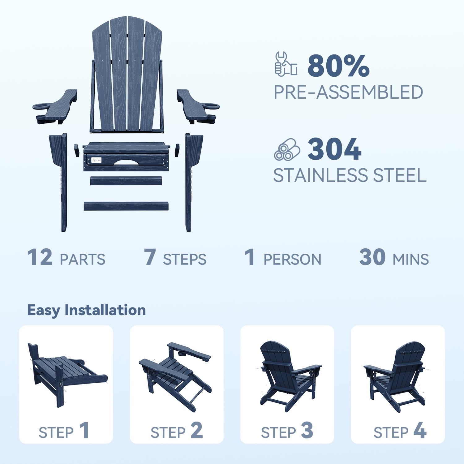 Erinnyees 3-Level Adjustable Adirondack Chair with Retractable Ottoman, HDPE All-Weather Folding Fire Pit Chair with 2 Cup Holders, Outdoor Chair for Garden