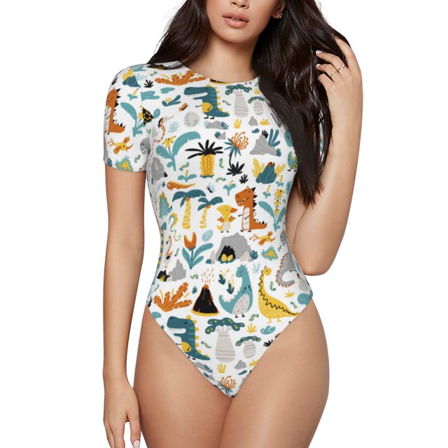 Balery Cartoon Dinosaur Body de cuello redondo de manga corta para mujer Tops de manga corta Tops básicos-X-Large
