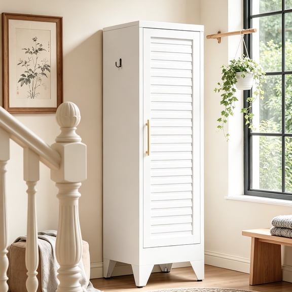 47.2" Slim Metal Storage Armoire with Single Louvered Door, Freestanding Wardrobe with Hanging Rail & Anti-Tip Kit