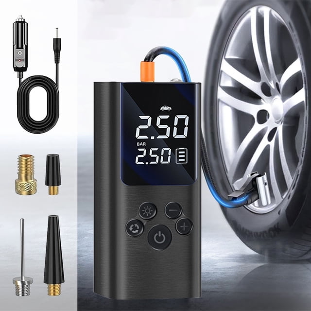 Bomba infladora de neumáticos para coche | Compresor de aire digital con manómetro | 80W 12V enchufable | Bomba eléctrica portátil rápida de doble cilindro | 60L/min | Iluminación LED | 3 boquillas