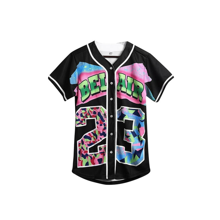 JXXIATANG Unisex 90s Theme Party Hip Hop Bel Air Baseball Uniform for Women Jersey Short Sleeve Tops, Women's, Size: Medium, Black