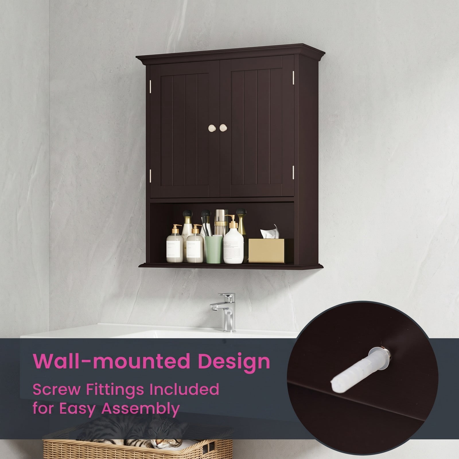 ALPULON Wall Mount Bathroom Cabinet, Space-Saving Wall Storage Organizer with 2 Doors and Adjustable Shelves for Bathroom Kitchen Bedroom Entryway, Coffee Brown