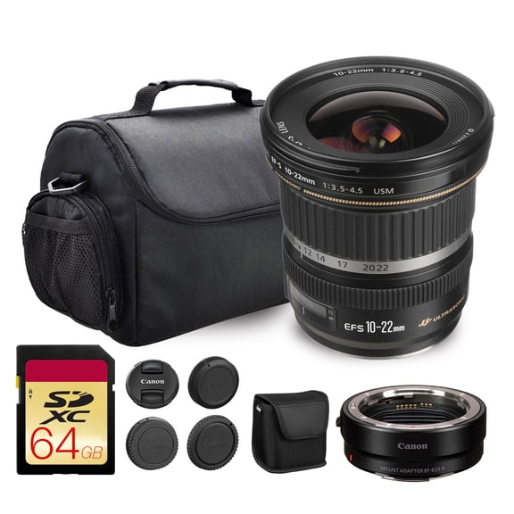 Canon EF-S 10-22mm f/3.5-4.5 USM Lens | Ultra-Wide Angle Zoom with Fast Autofocus & Advanced Optics | For Architecture, Travel & Landscape Photography (9518A002)   Adapter EF-EOS R   Bag   64GB Card