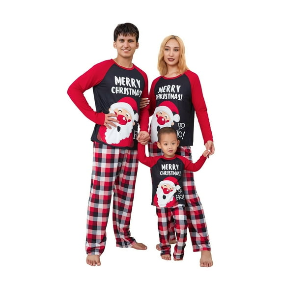 Onlypjs Family Matching Christmas Pajamas – Santa Print Top & Red Plaid Pants Holiday Sleepwear for Women, Men