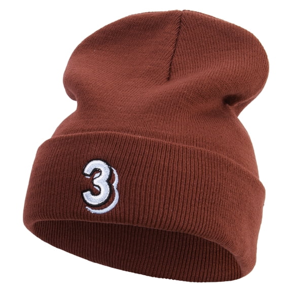 Number 3 Embroidered 12 Inch Long Knitted Beanie - Maroon OSFM
