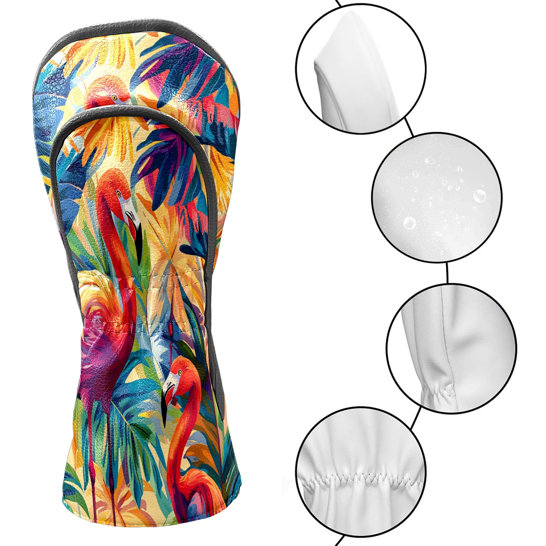 Golf Club Covers PU Leather Waterproof Head Covers for Fairway Woods Hybrids Colorful Flamingos