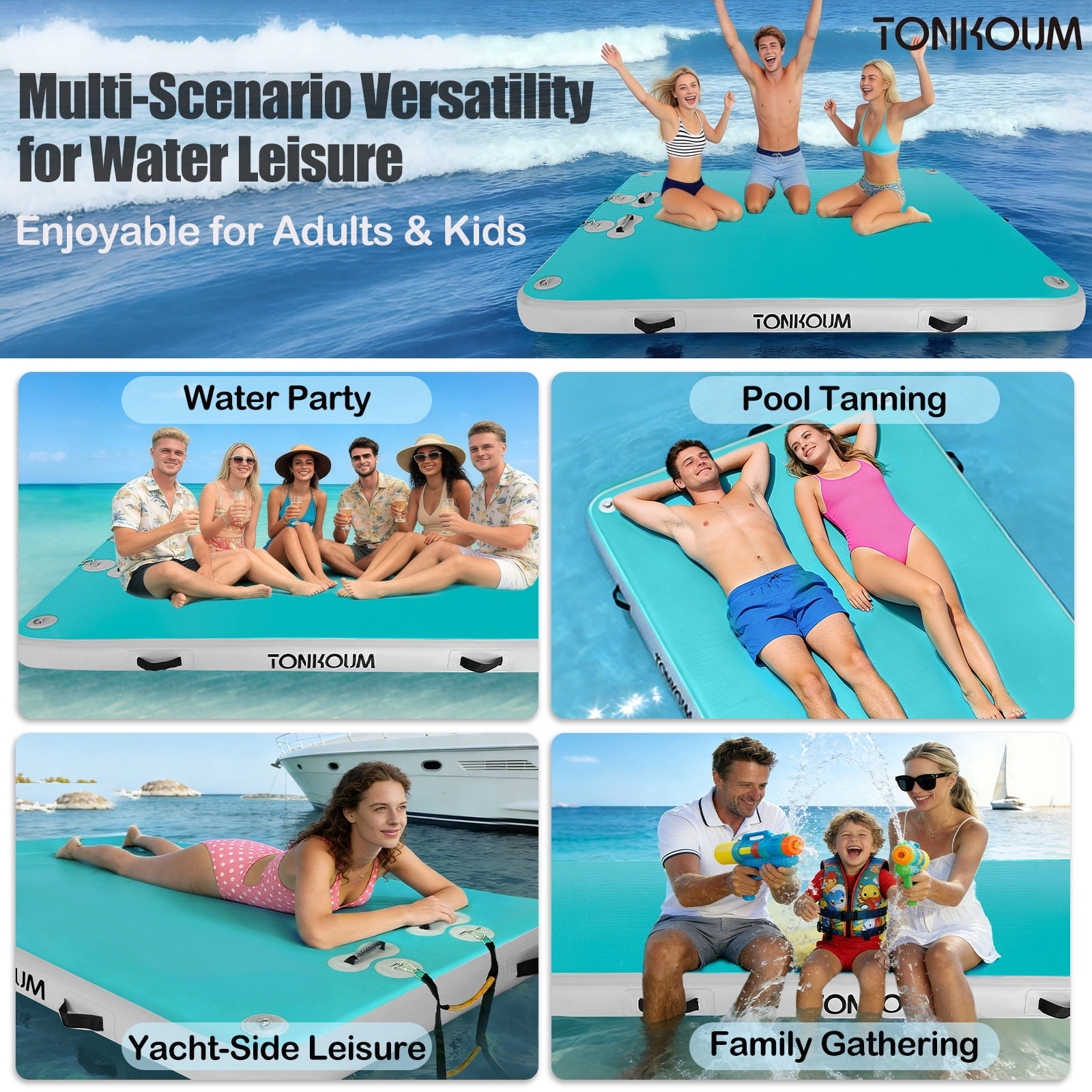 TONKOUM 8 x 5.25FT Floating Dock Inflatable Water Platform For Lake/Boat/Island/Pool (Lake Blue & Gray)