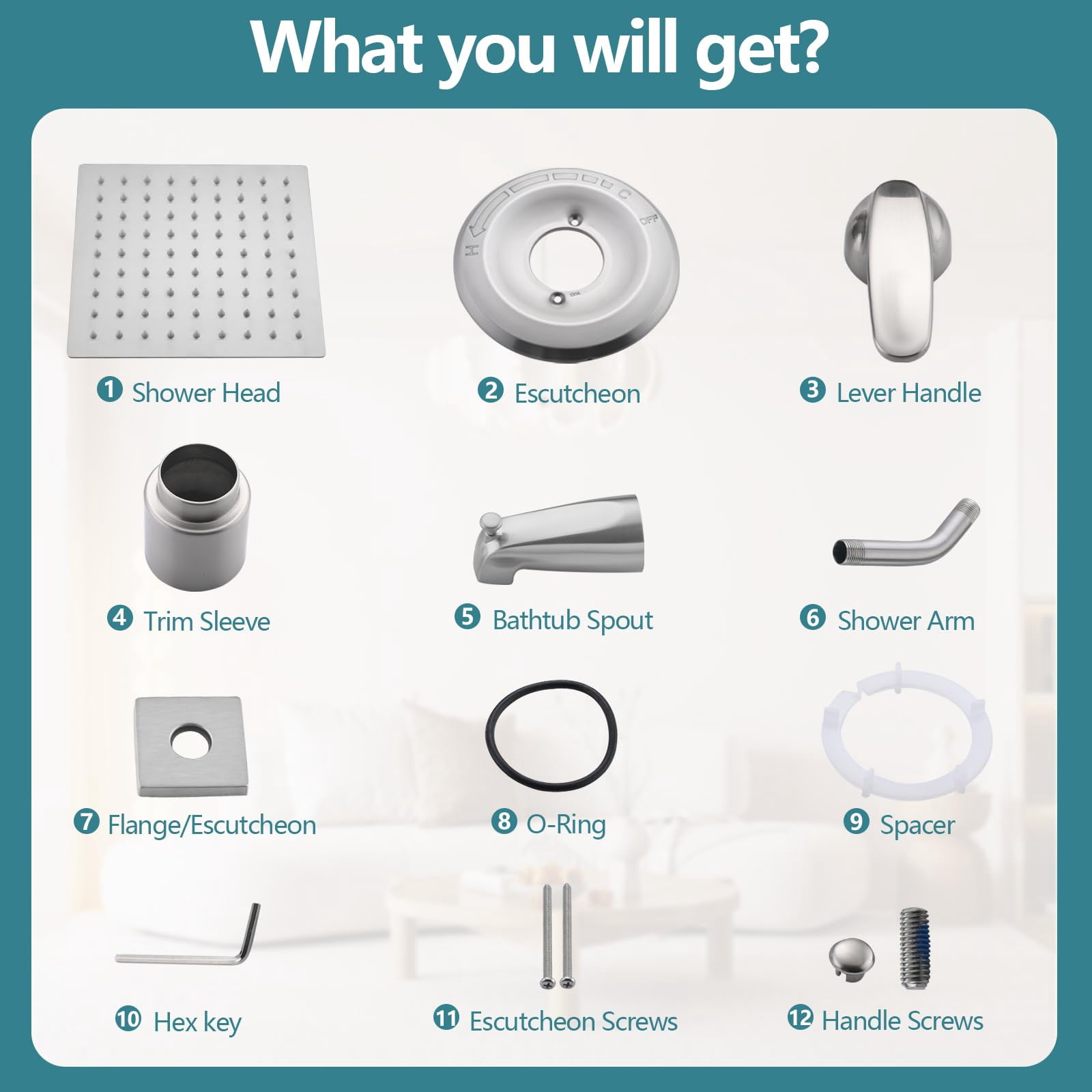 Replacement 8" Rain Shower Faucet Tub Trim Kit for Delta 13/14 Series, High Pressure Square Rain Shower Head& Handle Set System, Brushed Nickel (Valve& Catridge Not Inclued)