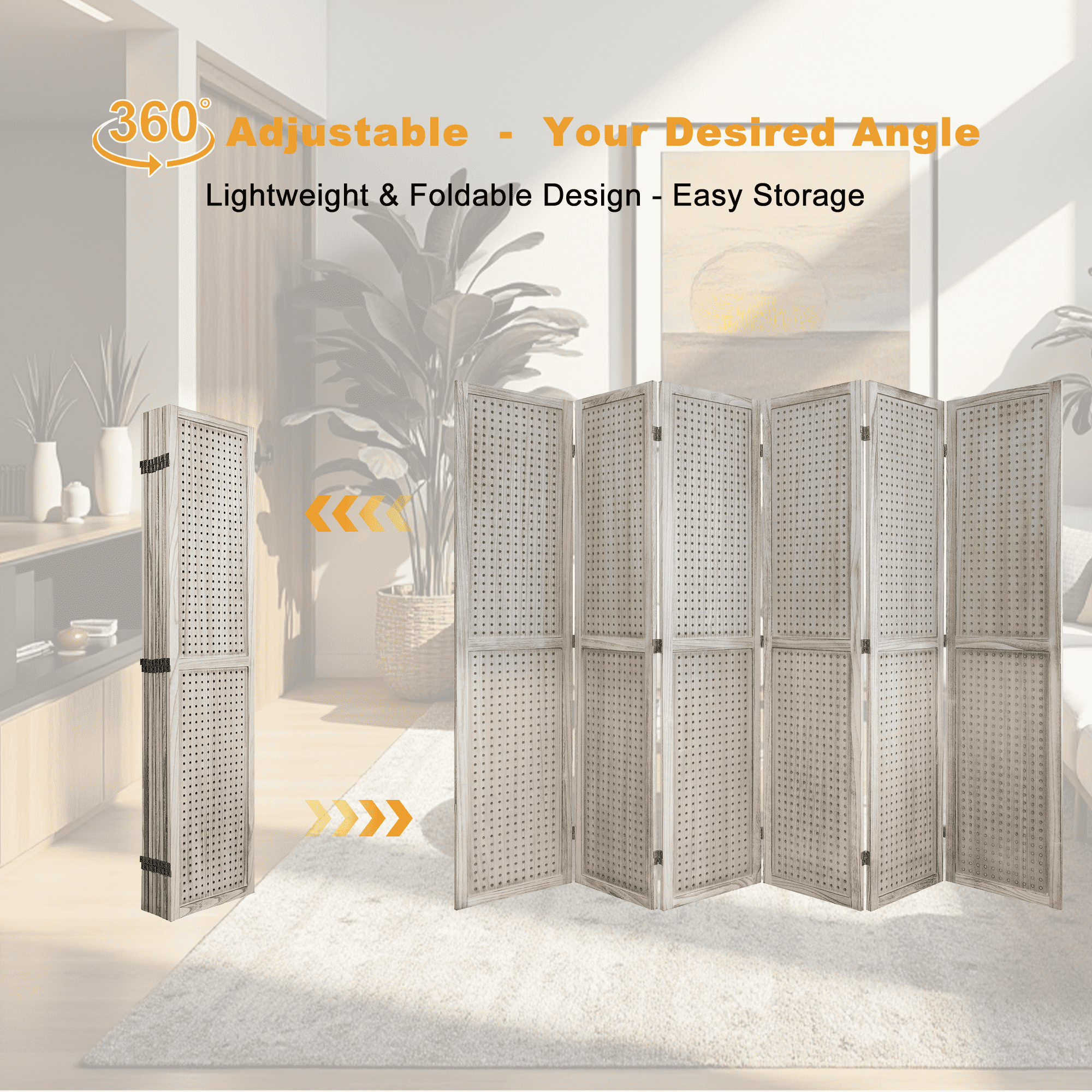 MAYEERTY 8 Panel Room Divider, 5.6Ft Wooden Freestanding Privacy Screen with Shelves, Natural Wood
