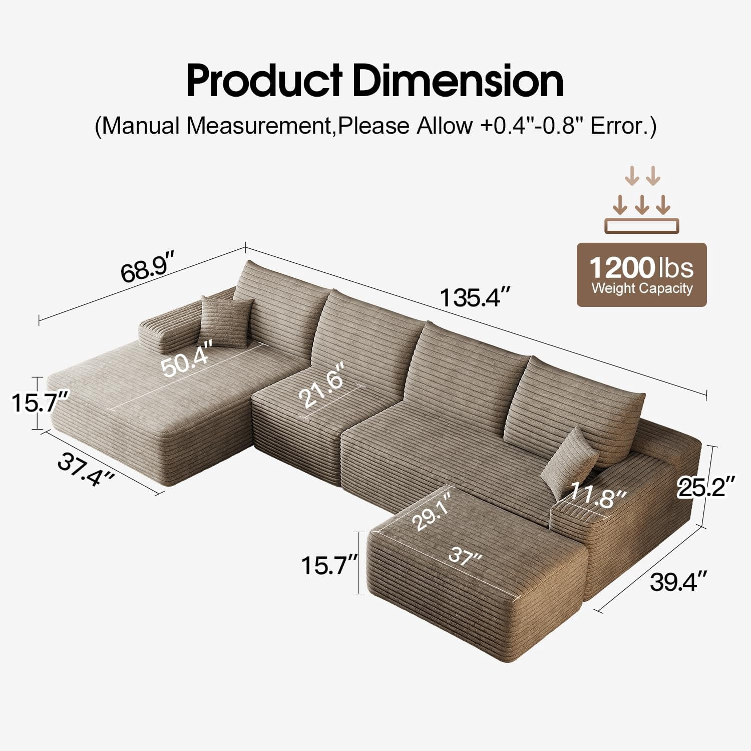 Sailvan 135" Cloud Sectional Couch, Cloudy Sofa with L-Shape Chaise & Ottoman, Upholstered Couches for Living Room & Bedroom, No Assembly Required, Plush Corduroy Fabric, Camel