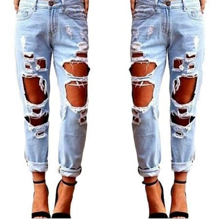 New Fashion Ripped Jeans Femme Casual Washed Holes Boyfriend Jeans for Women Regular Long Torn Jeans Wild Denim