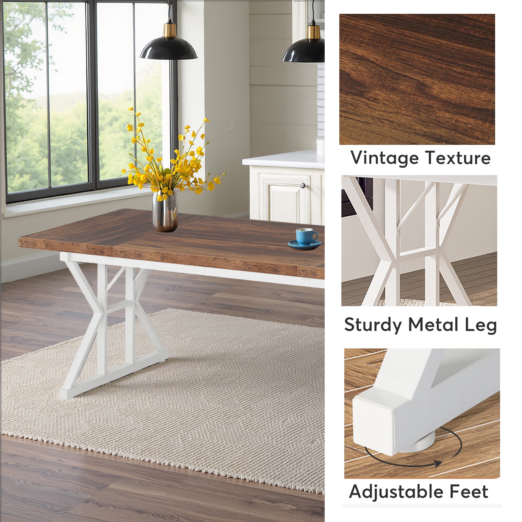 MAYEERTY 70.86" Farmhouse Rectangular Dining Table, Vintage Brown Wood Top White X Trestle Metal Base, Seats 6 Multi-Purpose Kitchen Conference Desk