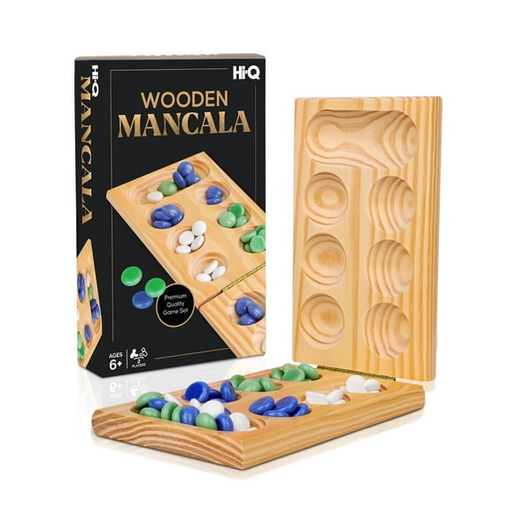 Hi-Q Solid Pine Mancala - Folding Board Game with Blue, Green, White Marbles- Portable Strategy Travel Game - Recommended Ages 6 