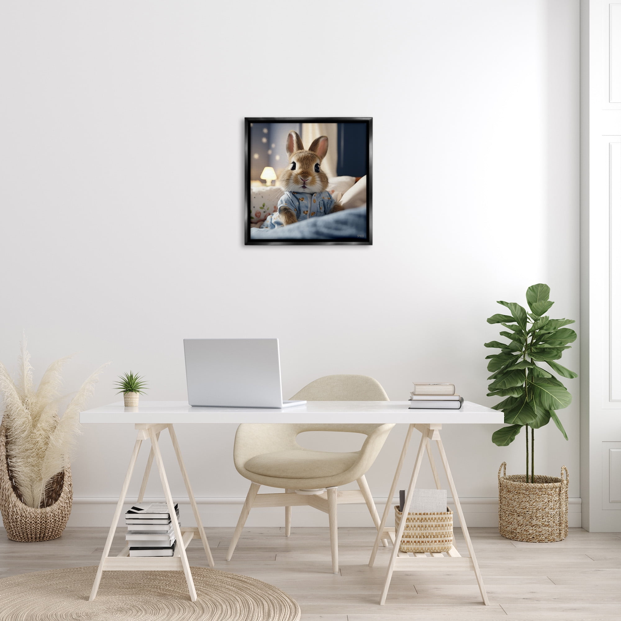Stupell Industries Bunny in Pajamas Animals & Insects Painting Black Floater Framed Canvas Art Print Wall Art, 25 x 25