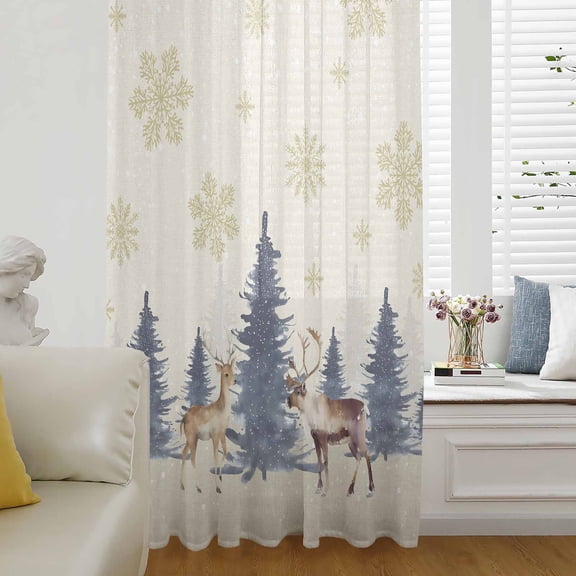 Christmas Tree Elk Semi Sheer Curtains Drapes for Living Room, Bedroom, French Doors Window 96 Inches Long, Farmhouse Golden Snowflake Xmas Rod Pocket Chiffon Curtain Drapery Voile Draperies Panel