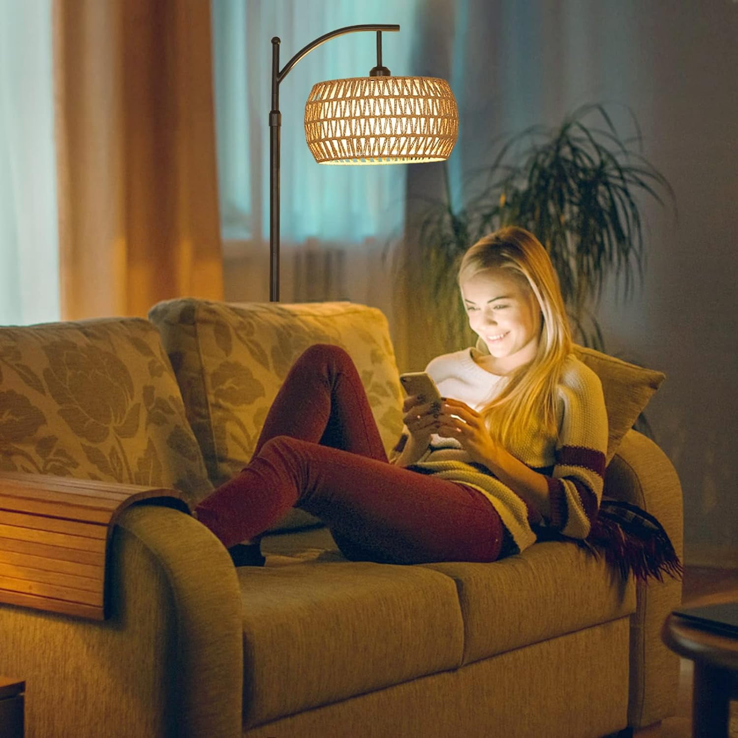 Arc Floor Lamp with Remote Control, Dimmable LED, Rattan & Fabric Shade, Black/Brown