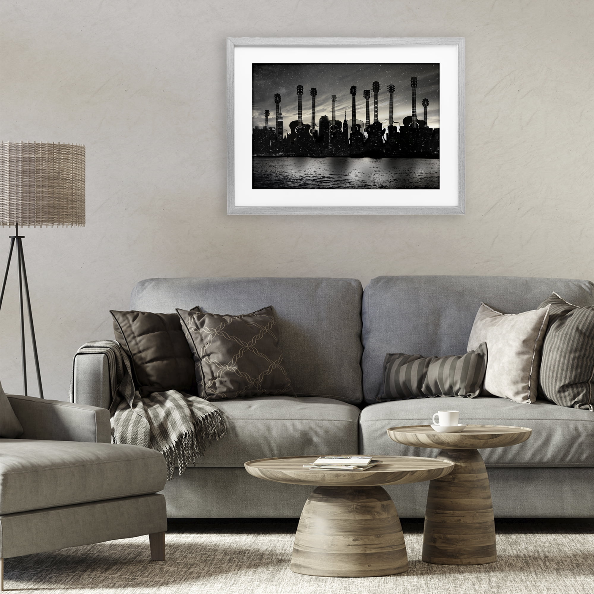 Stupell Industries Guitar Skyline Cityscape Gray Framed Print Under Glass, design by CAD Designs