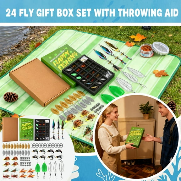 24 Piece Fly Fishing Gift Box Set with Throwing Aid - Assorted Flies & Accessories, “Happy Fishing” Kit for Anglers & Fishing Enthusiasts