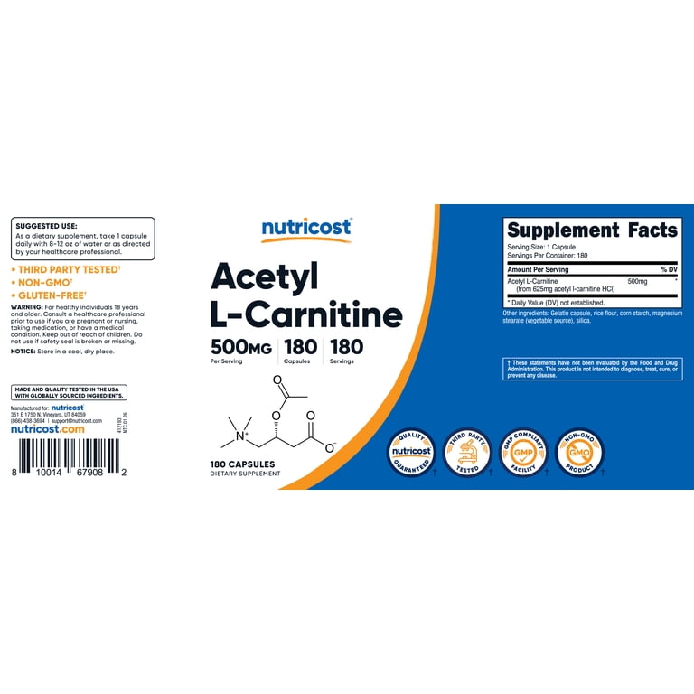 Nutricost, Acetyl L-Carnitine, 180 Capsules, 500mg per capsule