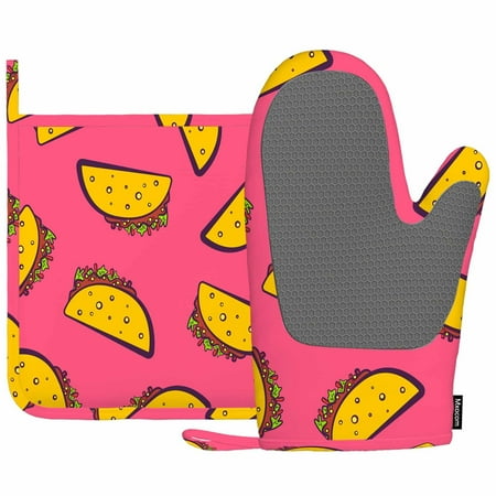 

Mxocom Mexican Taco Silicone Oven Mitts and Pot Holders Sets Cute Cartoon on Pink Background BBQ Gloves for Kitchen Cooking Baking Grilling C48