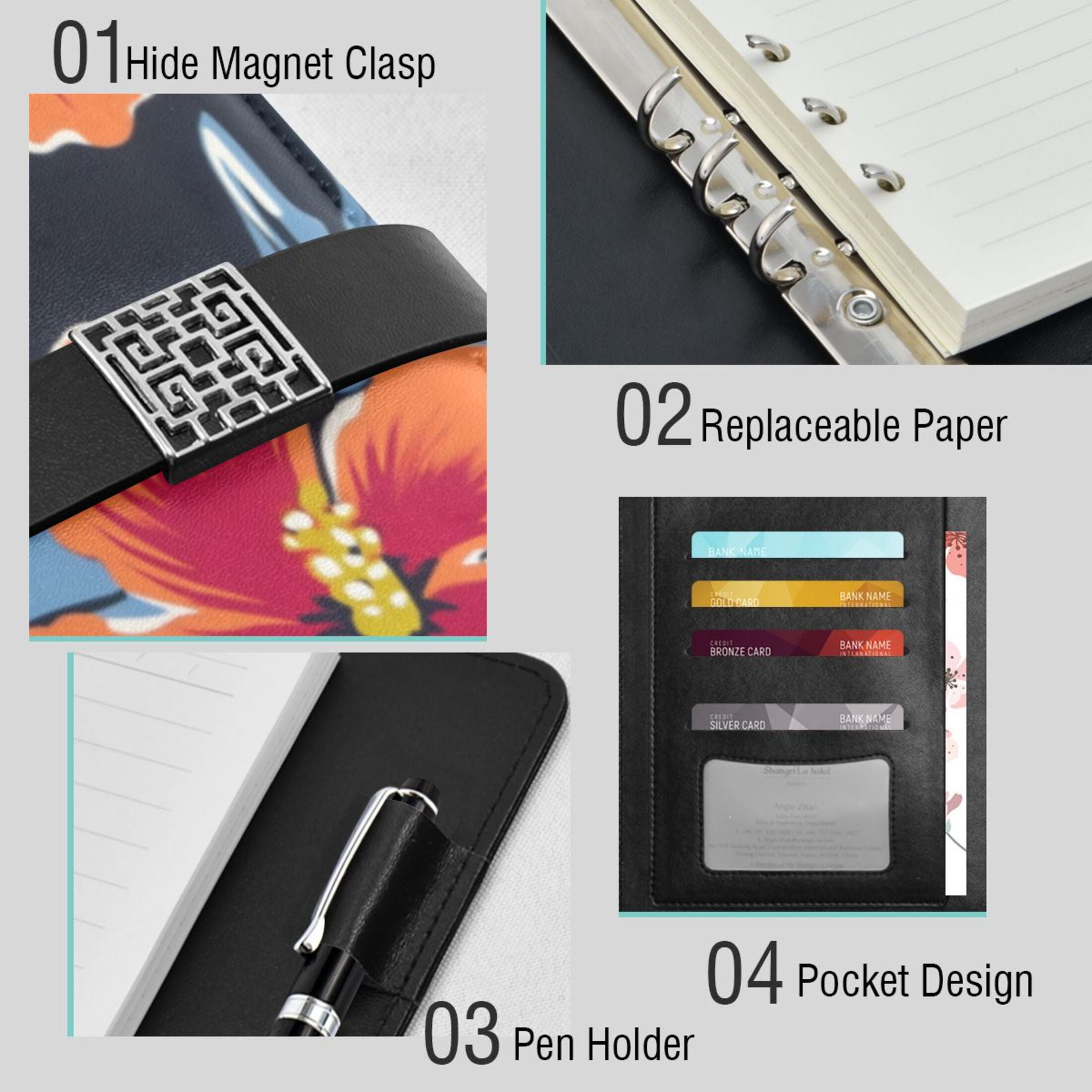 Leather Planner Leather Notebook Notebook Journal Binder Design Pen Pocket Design Convenient for Storage Hawaiian Flower Cartoon