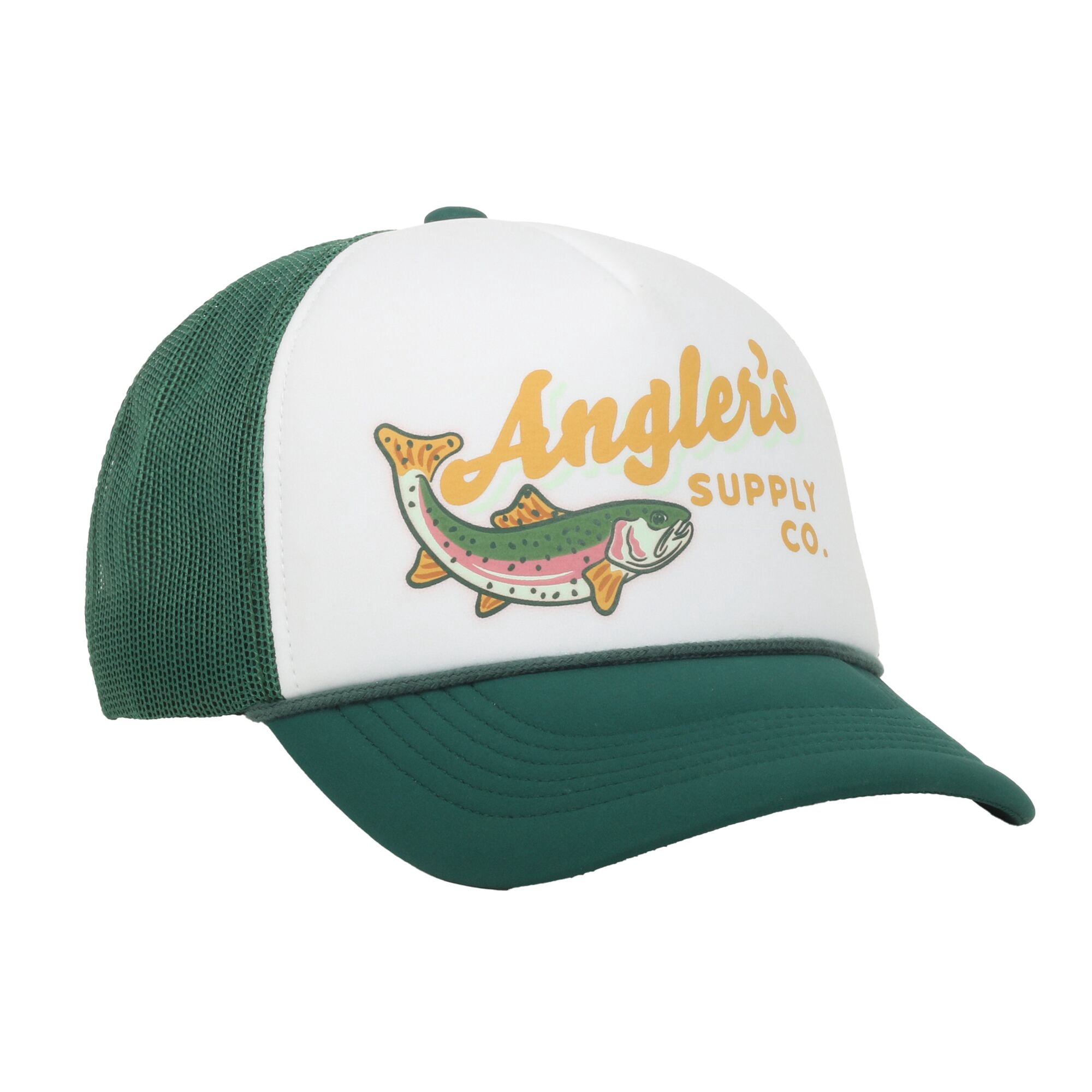 Outdoor Cap Angler's Supply Co. 5-Panel Structured Trucker Hat – Screen Print Meshback Cap, White/Green, One Size