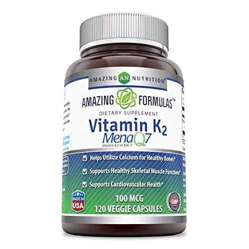 Amazing Formules Vitamine K2 Menaq7-100 Mcg, 120 VCaps - Aide à Utiliser le Calcium pour des Os Sains - Soutient les Fonctions Musculaires Squelettiques Saines - Soutient la Santé Cardiovasculaire - 120 Végétarien