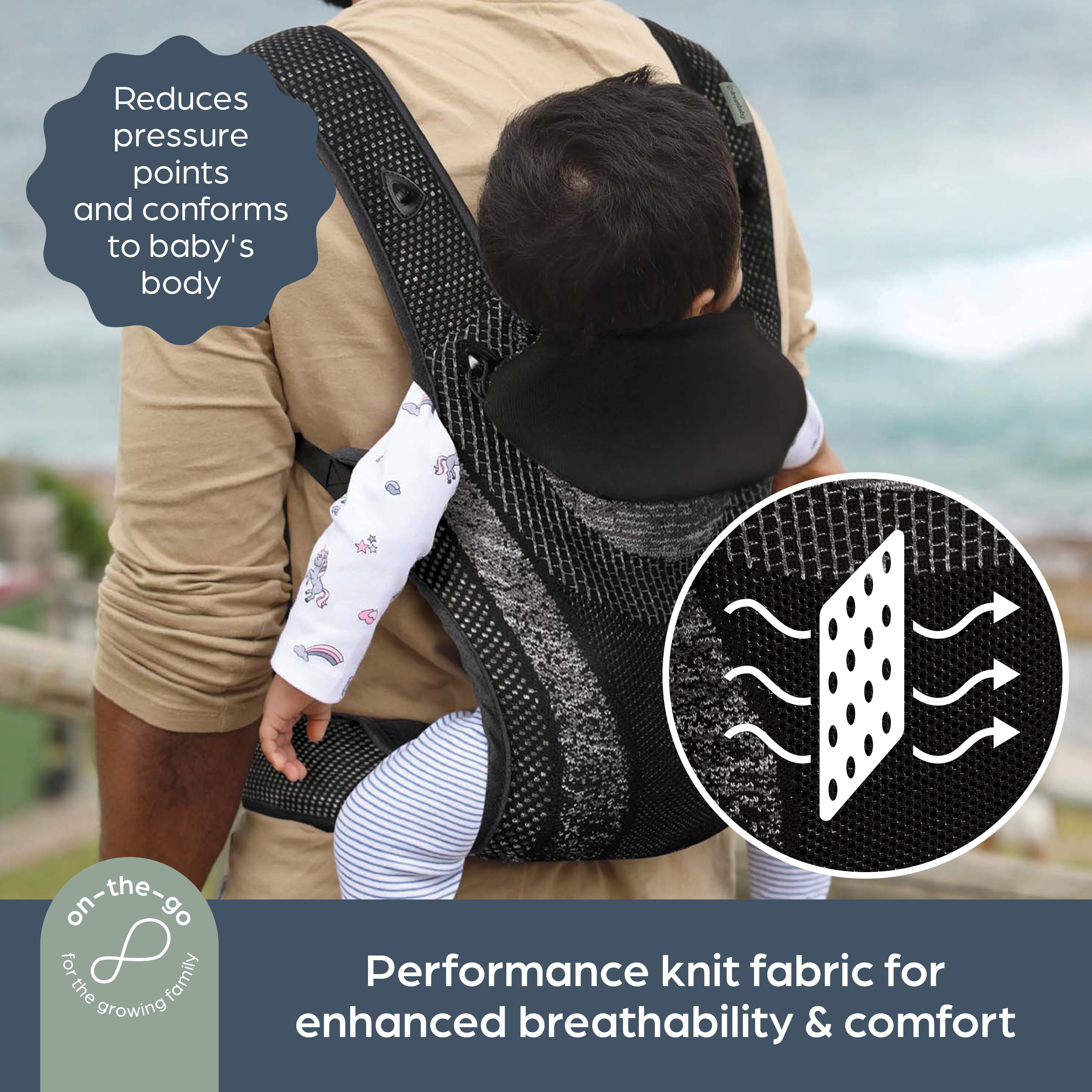 Dreambaby Inspire 3-Position Baby Carrier Newborn to Toddler, 8-33lb Front & Backpack Style Infant Carrier, Knit Fabric, Head Support, Storage Bag