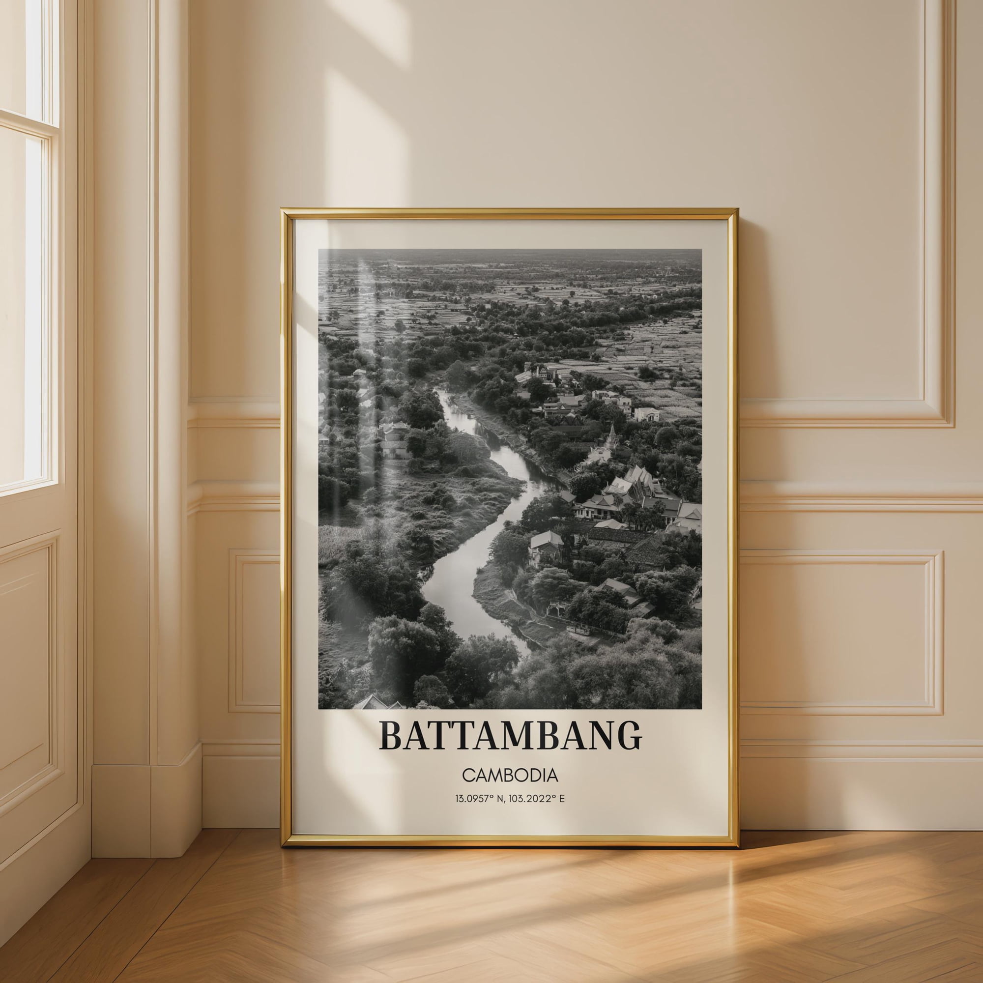 Battambang Cambodia Print Black And White Aerial City River Landscape Southeast Asia Travel Wall Art Coordinates Decor
