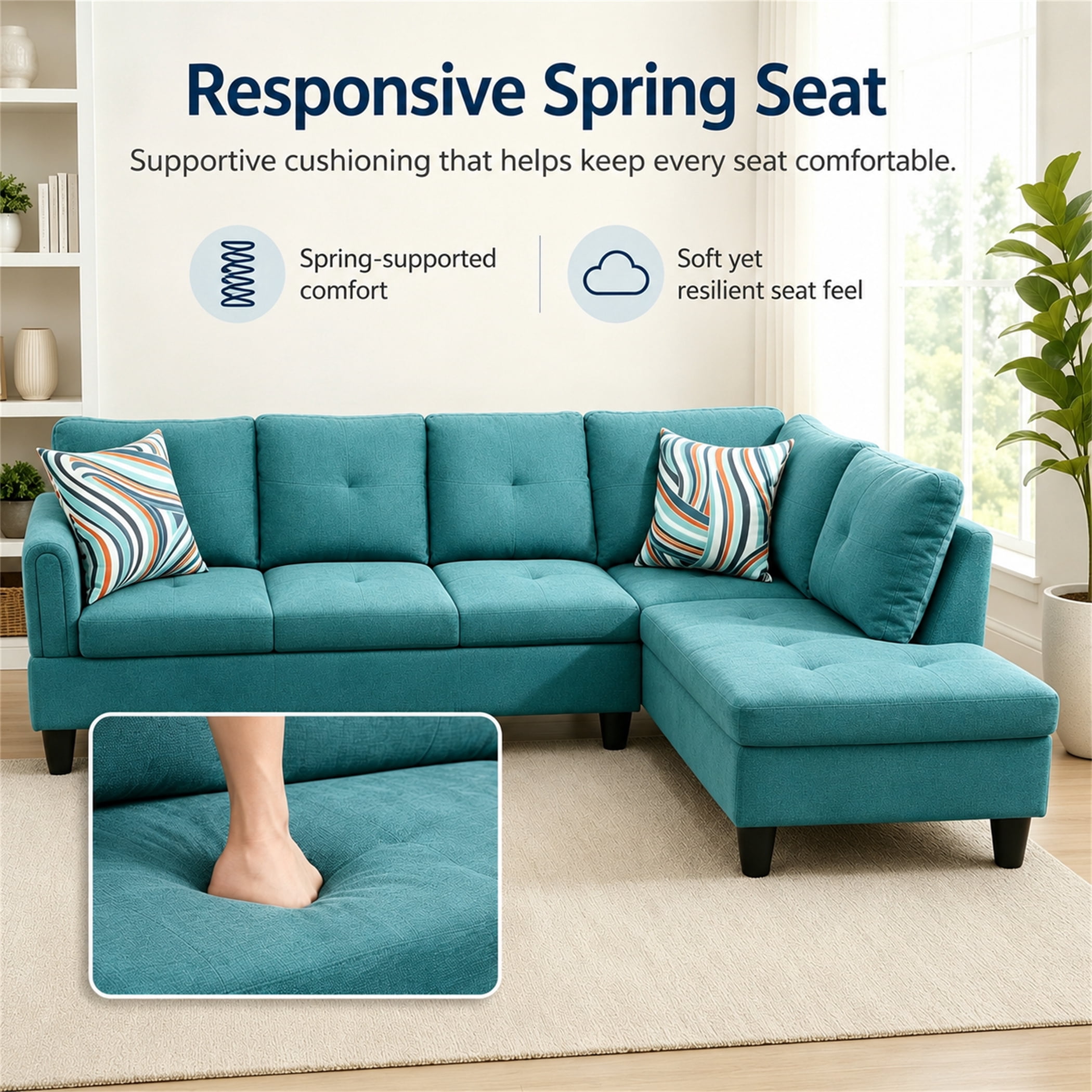 Aukfa 97" Classic Sectional Sofa 4 Seat L shape Couch with Oversized Right Chaise for Living Room, 2Pillows, Linen, Aqua Blue
