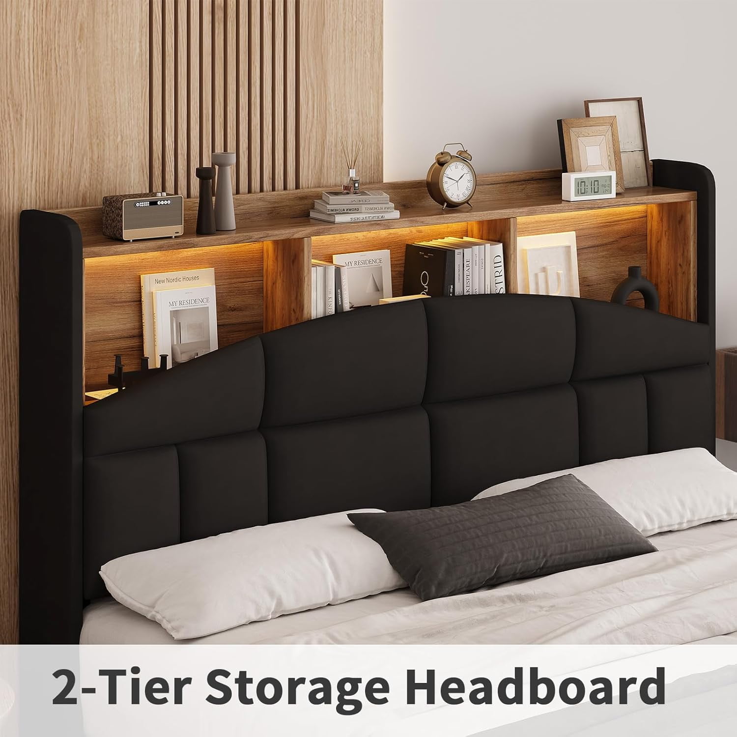 4 EVER WINNER Full Bed Frame with Storage Headboard, Velvet Upholstered Platform Bed Frame with LED Light, Black
