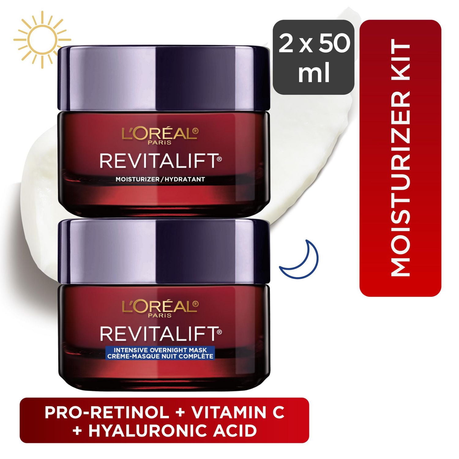 Crème de Jour & Crème de Nuit Anti-Âge avec Pro-Rétinol, Vitamine C et Acide Hyaluronique, 1 Kit | Revitalift Triple Power LZR Crème Jour et Nuit, 2x50mL