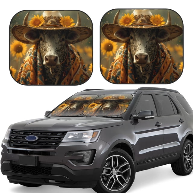 Saiise Sunflower Cowboy Hat Cow for Foldable Car Sun Shades (2-Pack) Offer Sun Protection with an Easy-fold Design for Convenient Windshield Shading-Large