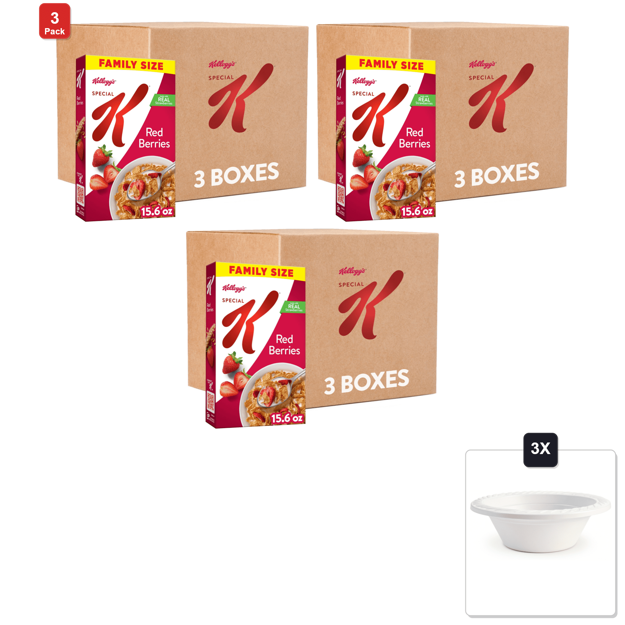 3 Pack | Kelloggs Special K Breakfast Cereal, Family Size, Red Berries (3 Boxes) & 3x 12oz Disposable Plastic Bowl