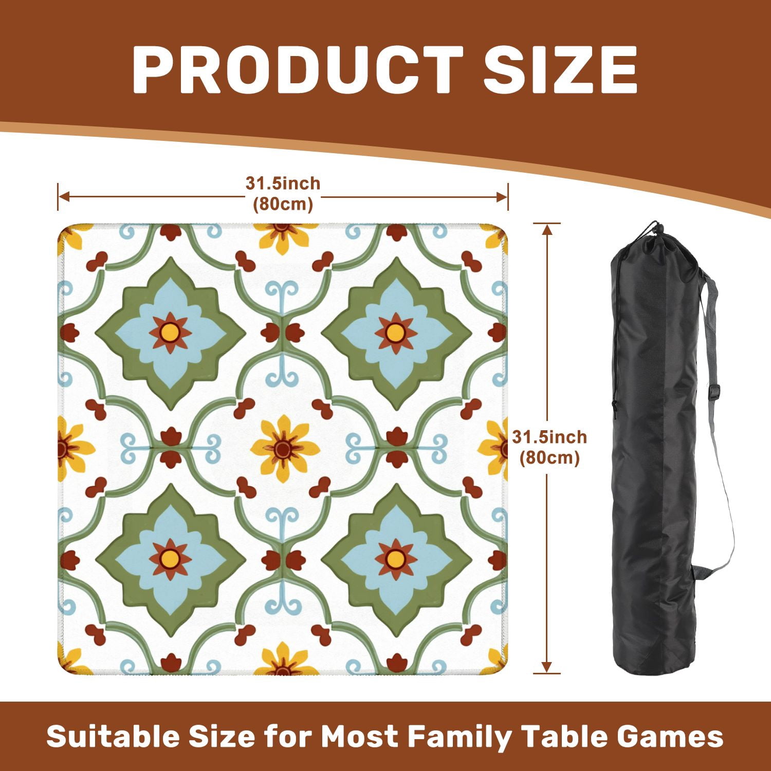Mahjong Mat 31.5" x 31.5" Floral Geometric Blue Green Yellow Motifs Symmetrical Design Non-Slip Noise Reduction American Mahjong Tiles Table Cover for Dominoes Poker Card Board Games Gift