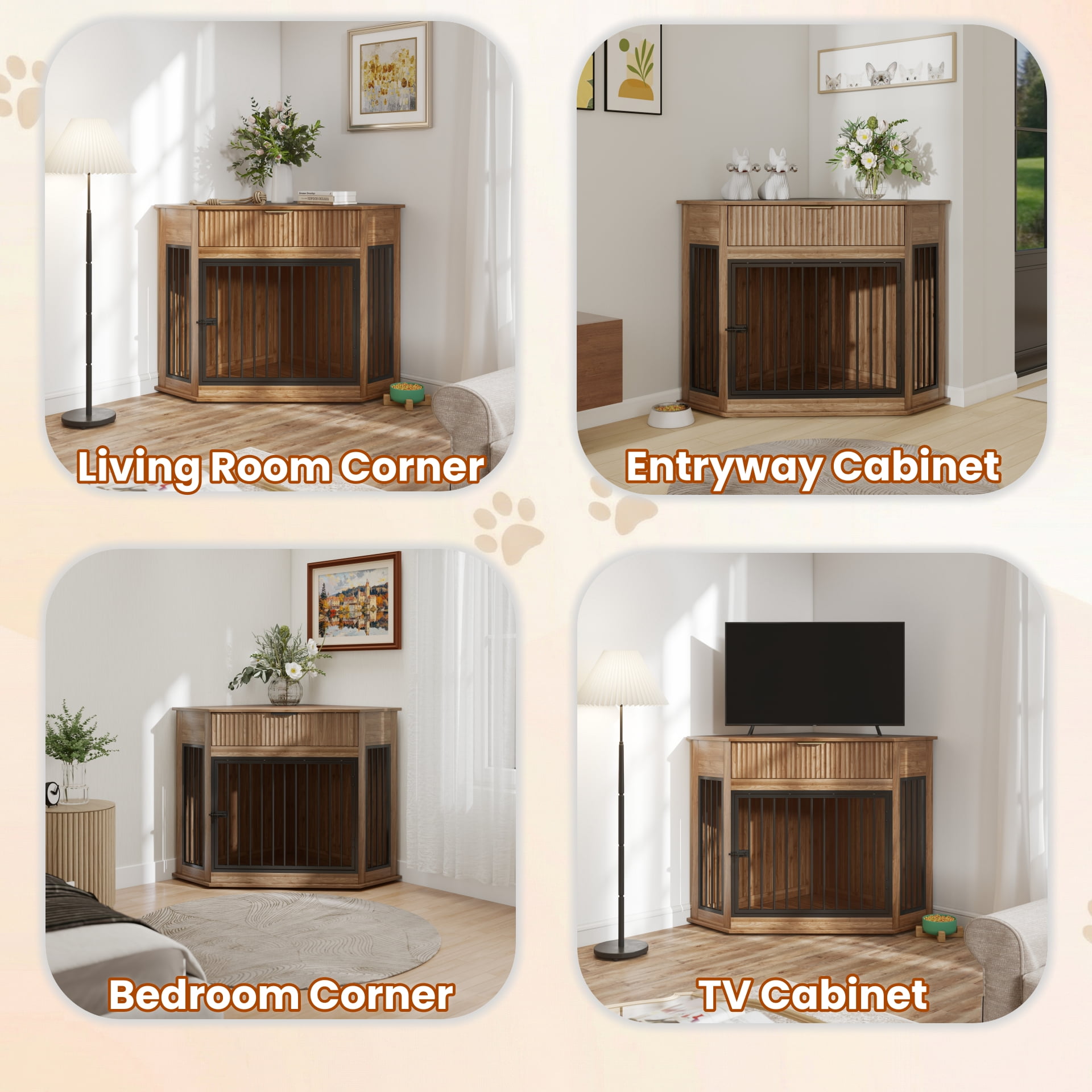 Aukfa Corner Dog Crate Furniture, Small to Medium Dog Kennel with Fluted Drawer for Home Indoor,Brown