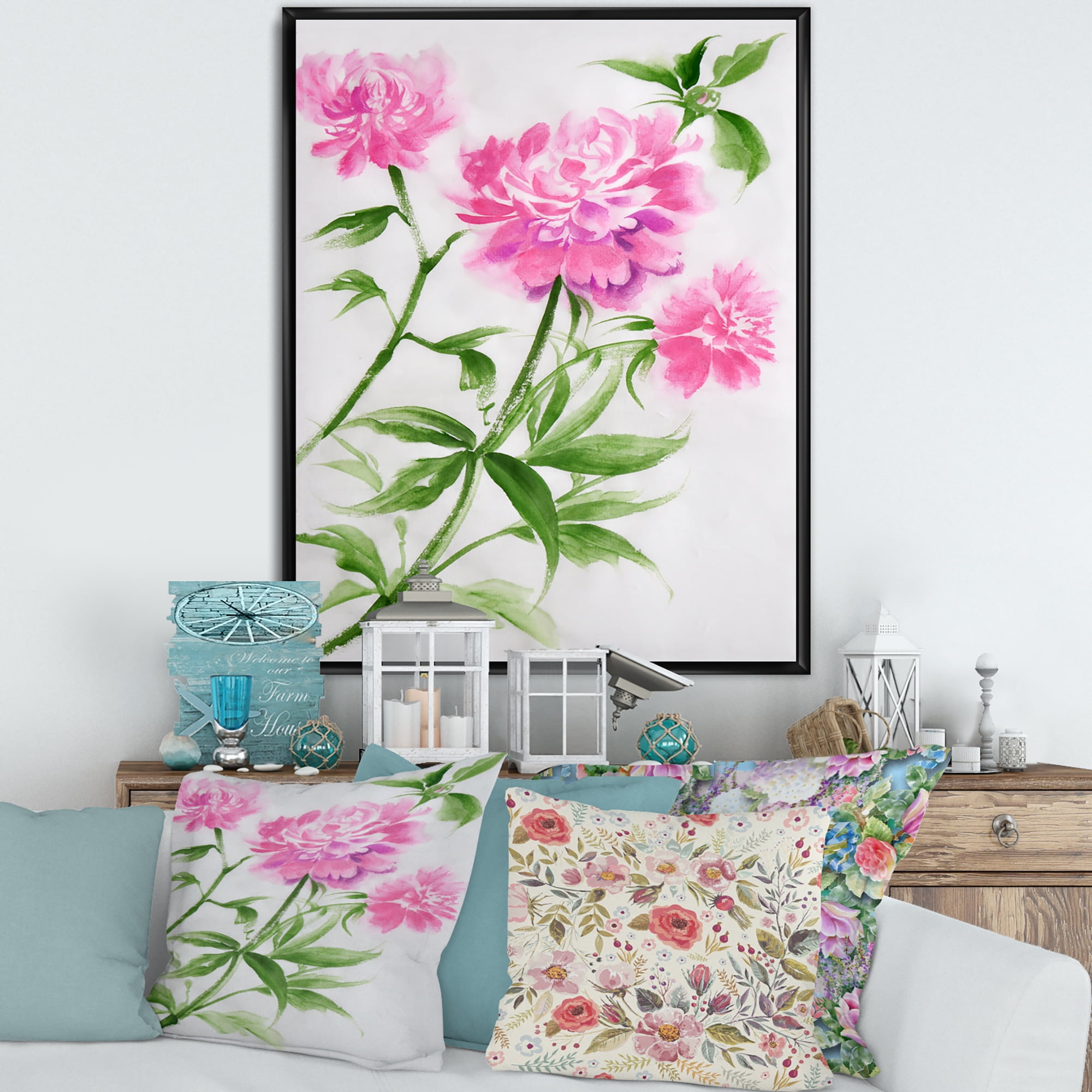 Designart 'Purple Peonies With Green Bush II' Traditional Framed Canvas Wall Art Print